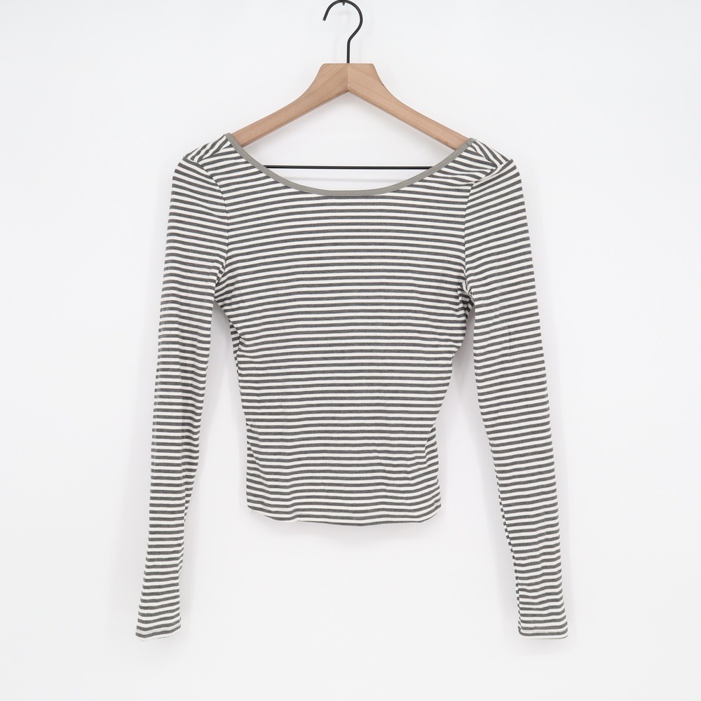 Unbranded Top Womens S Striped Scoop Neck Gray White Ribbed Cropped Excellent